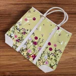 Floral Yellow Plastic Tote Bag with Blush Accents